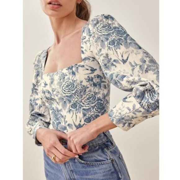 💕REFORMATION💕 Stilton Linen Top  Pompadour Blue White Floral Bird Print 2 NWT - Picture 3 of 13